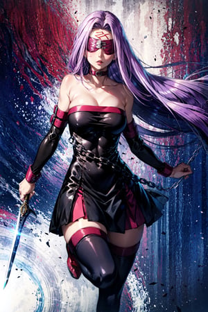 MedFSN, 1girl, strapless dress, detached sleeves, purple hair, blindfold, zettai ryouiki, lips, facial mark, floating hair, large breasts, skin tight, holding weapon, dagger, chain