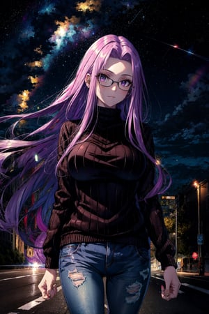 masterpiece, best quality,1girl, medusa (rider) (fate),glasses,,(black woollen sweater:1.2),jeans,long hair, medusa (fate), black purple hair, solo, black ping eyes, large breasts, very long hair, looking at viewer, wild eyes, (full body:0.5), starry sky, dark background, city deserted road, happy,