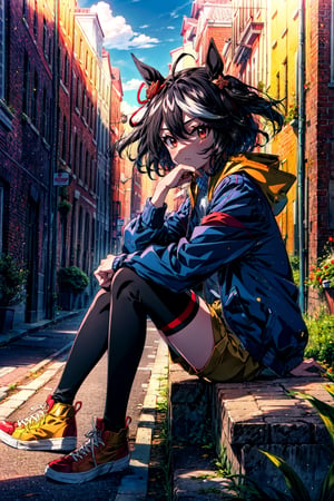 masterpiece, best quality, kitasan black \(umamusume\), street, buildings, hand on own chin, sitting, from side, casual, hair ribbon, hair ornament, white sleeves, hooded jacket, blue jacket, black shirt, yellow shorts, short shorts, black thighhighs, sneakers, shoes, red footwear,