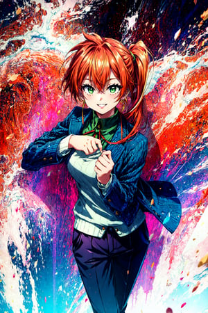 kendou itsuka, 1girl,solo,orange hair, long hair, side ponytail, green eyes, smile, parted lips, happy,Aran sweater blazer layered over a blouse and tailored pants with loafers