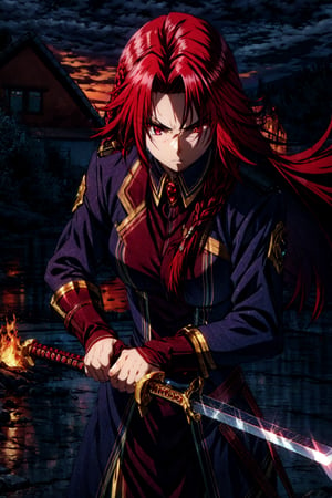 masterpiece, best quality, IrisMidgarV4, 1girl, solo, long hair, red eyes, braid, serious, red hair, holding, weapon, sword, holding weapon, night, standing in fire background,