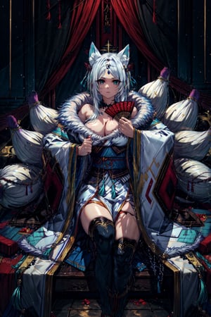 1lady,(mature female),(milf), kitsune,multiple tails,fox ears,white fox tail,aqua eyes,whisker markings, hair ribbon,blue tassel,jewelry,hair ornament, blue obi,(white wide sleeves),black thighhighs,folding fan,(fur-trimmed white kimono),holding fan, tengu-geta,geta, highres,official art,original,masterpiece,best quality, (huge breasts:1.08), face lighting,cinematic lighting,caustics,Circle,fantasy