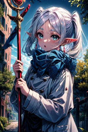 masterpiece, best quality, highres, aafrie, long hair, white hair, twintails, pointy ears, earrings, thick eyebrows, blue scarf, white coat, double-breasted, buttons, black pantyhose, , holding staff, outdoors, :o