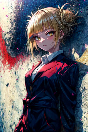 toga himiko, 1girl, solo,yellow eyes,blunt bangs, Jumpsuit and a blazer