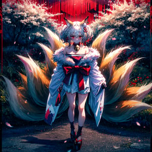 ,1girl, standing, arms_crossed, holding flower,medium full shot, cover, (highres, realistic, best quality, masterpiece, ultra-detailed, textured, ambient lighting, cinematic lighting), animal ears ,1girl , fox ears, animal ear fluff ,bangs , red eyes , multicolored hair , twintails , animal ear fluff ,brown hair , hair ornament ,bell , solo , looking at viewer ,braid ,neck bell , fox girl , jingle bell ,gloves , fur trim , ribbon ,two-tone hair ,japanese clothes ,off shoulder ,bare shoulders ,collar ,bow ,long sleeves , streaked hair ,blush , black gloves , tail ,((white hair)), fox tail , kimono ,wide sleeves , red bow , red ribbon ,multiple tails , red hair , collarbone , hair ribbon , short hair , choker , socks , shorts , ribbon trim , sash , black shorts , rope , small breasts , white kimono , fur-trimmed sleeves , tabi , black footwear , black socks , gradient hair , v-shaped eyebrows , dress ,sandals , hair between eyes , obi , medium hair , grey hair , thick eyebrows , short twintails , strapless , sweat , shimenawa , outdoors , fur-trimmed kimono kitsune, earrings, english text, flag background, japanese flag, jewelry, looking at viewer, red background, red border