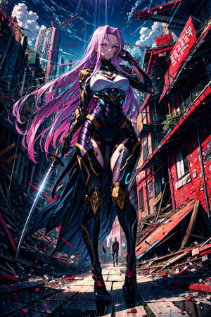 ((MedGorg)), gorgon \(fate\), slit pupils, looking at viewer, hair flowing over, a woman in a futuristic suit holding a sword, scenery art detailed, purple eyes, (art station), webtoon, cyborg merchant woman, appearing from the background, mascot illustration, chaotic revenge, in ruins, —ar 16:9, beautiful android woman, korean artist