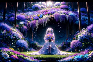 light),((Movie Poster)),(signature:1.3),(English text:1.3),BREAK (8k:1.3),Wallpaper,1girl,(girl middle of flower:1.4),clear sky,outside,ultra-detailed,best quality,extreme quality,Masterpiece,beautiful,pretty,sitting on the ground,(absurdly long hair, clear boundaries of the cloth:1.4),(pure white dress, pure white silk cloth:1.5),(ground of flowers, thousand of flowers, colorful flowers, flowers around her, various flowers:1.51),young,stunning,attractive,sundress,fantastic scenery,pure whiteshoes,