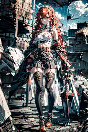 best quality, (masterpiece:1.2), detailed,,1girl, solo, closed mouth, slight smile,long hair, red hair, ahoge, red eyes, black hairband,(knight dress:1.4), brown pants, small breasts, long sleeves,standing, looking at the viewer,outdoors, forest, clouds

1girl, [slim body], [Full body, full body image], concept art,masterpiece, best quality,  breasts,earrings, red hair,horns,looking_at_viewer,   solo, origen,freedom,crop_top,asymmetrical_bangs,asymmetrical_legwear,Laevatain,leg_ribbon,elbow_fingerless_gloves,long_hair,high-(waist_skirt),sleeveless_shirt,white_shirt,white left shoulder cape,sword,sword on the ground,glowing sword,huge sword,crossed_legs_(standing),cloak,cleavage cutout,tiny_breasts,race_queen,id_card,red sword,white top,pointy_ears,weapon_on_back,pelvic_curtain,midjourney