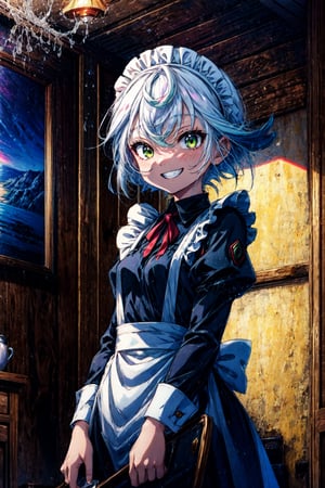 (by kame 3:0.7), (by hideki kaneda, by dimwitdog:0.4), indoors, cabin, standing prushka \(made in abyss\), human female, white hair, green eyes, small breasts, black dress, apron, maid outfit, maid headdress, looking at viewer, grin