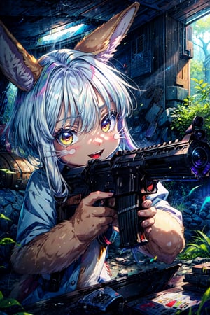 ((masterpiece, best quality, game cg)), alley, indoors, industrial pipe, air conditioner, dark lighting, garbage, garbage bin, face focus, portrait, avatar, fluffy, :D, cute, 1girl, solo, furry, (nanachi \(made in abyss\):1.3), looking at viewer, smile, forest background, tactical clothes, moonlight, blue glow, halo, gun, h&k hk416, carbine, holding weapon, assault rifle, aiming at viewer