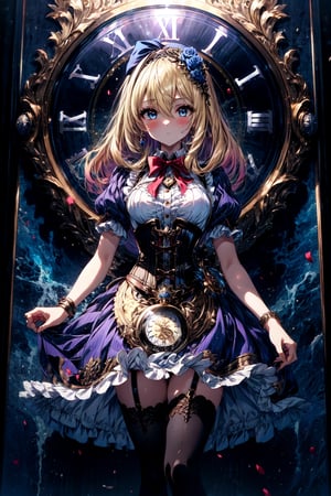 (cygames, official art, shadowverse, shingeki no bahamut ), a beautiful masterpiece portrait of a blonde girl in a blue dress, standing, full body, (she has a large pocket watch pendant watch clock hanging loosely off her shoulder like a pendant), absurdres, highres, (high quality, beautiful, detailed, intricately detailed, ), nose blush, 1girl, frills, looking at viewer, blush, eyebrows visible through hair, breasts, small breasts, solo focus, shadow, hair between eyes, boots, (1girl, blonde hair, blue eyes, dress, long hair, flower, (pocket watch, pendant watch), (blue dress:1.2), rose, apron, hairband, blue hairband, bow hairband, bowtie, bow, petticoat, ((blue corset)), ribbon, frills, wrist cuffs, pink rose, outdoors, puffy sleeves, short sleeves, juliet sleeves, , large dress, thighhighs, frills, black thighhighs, apron, puffy short sleeves, jewelry, red bowtie, wrist cuffs, hair between eyes, bangs, ribbon-trimmed skirt, ribbon trim, :1.0 )