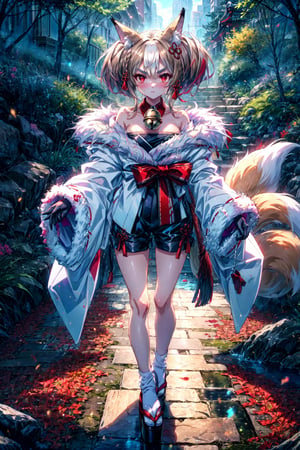 1girl, standing, full body, (highres, realistic, best quality, masterpiece, ultra-detailed, textured, ambient lighting, cinematic lighting), animal ears ,1girl , fox ears ,bangs , red eyes , multicolored hair , twintails , animal ear fluff ,brown hair , hair ornament ,bell , solo , looking at viewer ,braid ,neck bell , fox girl , jingle bell ,gloves , fur trim , ribbon ,two-tone hair ,japanese clothes ,off shoulder ,bare shoulders ,collar ,bow ,long sleeves , streaked hair ,blush , black gloves , tail ,white hair , fox tail , kimono ,wide sleeves , red bow , red ribbon ,multiple tails , red hair , collarbone , hair ribbon , short hair , choker , socks , shorts , ribbon trim , sash , black shorts , rope , small breasts , white kimono , fur-trimmed sleeves , tabi , black footwear , black socks , gradient hair , v-shaped eyebrows , dress ,sandals , hair between eyes , obi , medium hair , grey hair , thick eyebrows , short twintails , strapless , sweat , shimenawa , outdoors , fur-trimmed kimono kitsune,