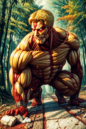 Armored_ Titan, muscular, giant, size ratio, short hair, blonde, building, teeth, armor on body, light in eyes, red muscles  ApproachingMe, (broken floor), forest, trees