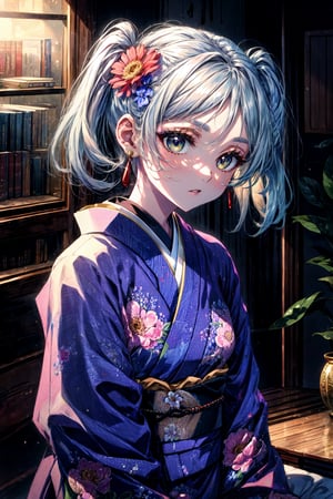 masterpiece, best quality, absurdres, perfect anatomy, Frieren, twintails, earrings, indoors, kimono, hair flower, floral print, wariza, 