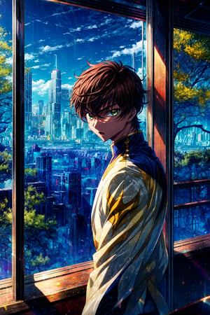 score_9, score_8_up, score_7_up, source_anime, rating_safe, intricate details, anime screencap, anime coloring, , looking at viewer, , 1boy, solo, male focus, , suzaku_kururugi, brown hair, green eyes, wide angle, wide shot, cowboy shot, city, city lights, day, sunny, w arms, :o, 