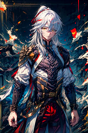 jing yuan(hsr),1boy , male focus , solo ,armor , long hair , white hair ,yellow eyes, hair over one eyes , red ribbon , red pant ,standing