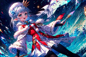 masterpiece,best quality,highres,cinematic lighting,dramatic angle,1girl,silver hair,hime cut,blue eyes,pointy ears,hair ornament,white and red dress,fur trim,thick coat,bare shoulders,elbow fingerless gloves,white pantyhose,layered dress,,happy,:d,looking at viewer,cowboy shot,LilyChristmas,holding ice as baton,concert,floating icele magical notes,headwear,CLOUD