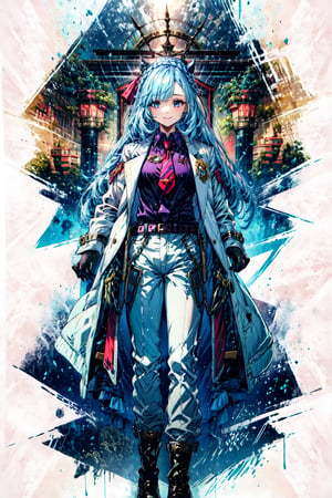 best quality,masterpiece, high res,original, beautiful detailed eyes,ultra-detailed, mejiro ardan \(dance\), smile, gloves, black gloves, long sleeves, looking at viewer, brooch, jacket, white jacket, vest coat, shirt, collared shirt, jewelry, pants, white pants, necktie, boots, thigh boots, official alternate costume