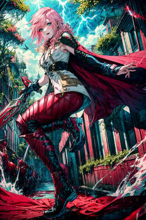 (best quality), (masterpiece),highly detailed, best quality, 1girl, pink hair, pale skin, vibrant blue eyes, wearing black and red armor,red cape,,full body, ((lightning farron)), final fantasy xiii, ,lightning returns: final fantasy xiii, outdoors,