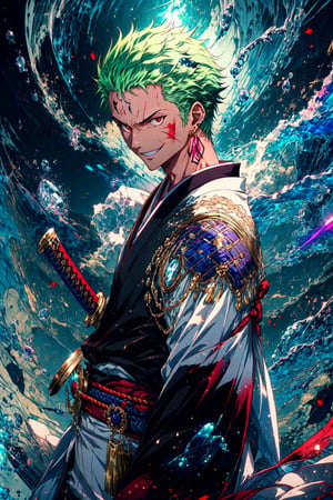 zoro, solo, looking at viewer, smile, short hair, red eyes, 1boy, holding, jewelry, upper body, weapon, male focus, earrings, japanese clothes, green hair, horns, sword, kimono, holding weapon, from side, tattoo, glowing, scar, holding sword, katana, scar on face, scar across eye, over shoulder, weapon over shoulder ,rias gremory