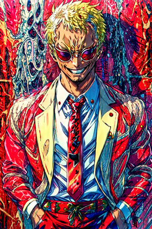 1boy, doflamingo, boa_coat, smile, teeth, veins, sunglasses, blonde_hair, hands_in_pockets, (((((red_suit, tie))))), portrait, detailed face, button_up_shirt, red_shirt