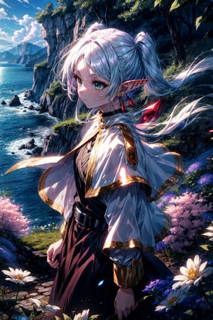 masterpiece, best quality, 1girl, frieren, long hair, pointy ears, twintails, parted bangs, elf, jewelry, earrings, capelet, white capelet, long sleeves, dress, belt, flower, expressionless, standing, looking afar, cliff, wind, from side, cowboy shot