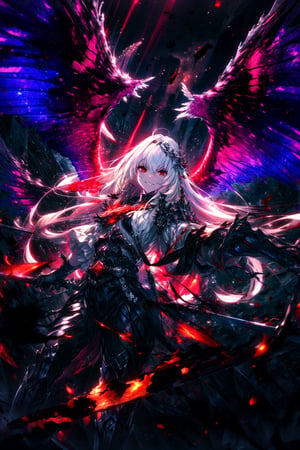 masterpiece,best quality,highres,cinematic lighting,dramatic angle,,costume9,white hair,red eyes,wings,tilting head,holding,sword,glowing,cruel smile,blood,flaming,burning city,fire,depth of field