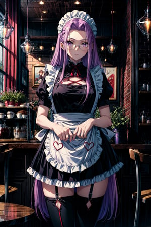 masterpiece,best quality,1girl,MedCas,purple hair,very long hair,purple eyes,glasses,pants,sweater,gradient,frills,apron,black dress,white thighhighs,puffy short sleeves,parted bangs,maid,maid headdress,forehead,maid apron,cafe,