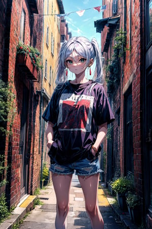 masterpiece, best quality, absurdres, perfect anatomy, Frieren, twintails, earrings, t-shirt, denim shorts, standing, outdoors, city, hands in pockets