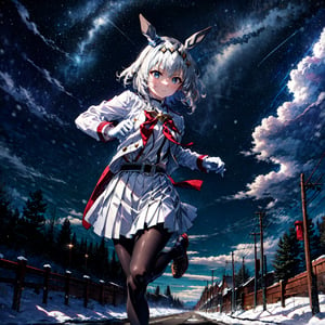 masterpiece, best quality, oguri cap \(umamusume\), closed mouth, (running:1.3), dynamic angle, christmas hair ornament, white gloves, white jacket, black pantyhose, white shirt, frills, white skirt, white vest, belt, grey legwear, full body, snow horizon, stars in sky backgrounds, moon,