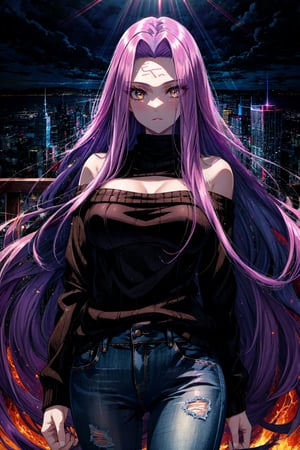  masterpiece, best quality,1girl, medusa (rider) (fate),(black woollen sweater:1.2),jeans,long hair, medusa (fate),off bare shoulders, purple hair, solo, yellow eyes, large breasts, very long hair, looking at viewer