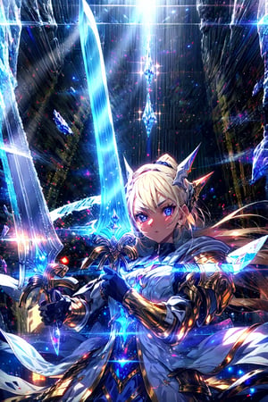 masterpiece,best quality,highres,1girl, ,armor,glowing,holding weapon,(extremely long and wide crystal glowing sword:1.2),glowing particles,holy light,dynatic angle,cinematic lighting,lens flare,,serious,mid shot,tilting