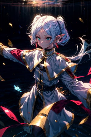masterpiece,best quality,1girl,frieren,long hair,pointy ears,twintails,parted bangs,elf,jewelry,earrings,capelet,white capelet,long sleeves,dress,belt,flower,expressionless,standing,(outstretched arms,reaching out),floating hair,(magic circle:1.1),glowing,cowboy shot,