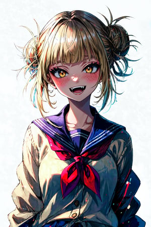 toga himiko, 1girl, solo, school uniform, open mouth, smile, simple background, bangs, blush, blunt bangs, neckerchief, serafuku, upper body, white background, red neckerchief, sailor collar, looking at viewer, long sleeves, cardigan, fangs