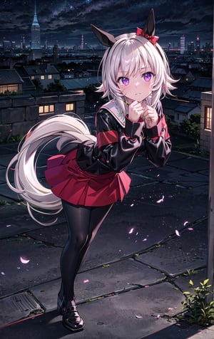 masterpiece, best quality,curren chan \(umamusume\), closed mouth, looking at viewer, hands on chin,jewelry, white shirt, white long sleeves, necklace, red skirt, sleeves past wrists, black pantyhose,full body, night, cityscape, neon, buildings, leaning forward,