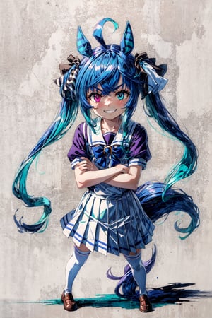 White Background, Drop Shadow, Full Body, AATwin, Little Girl, Petite, Flat Chest, Heterochromia, @_@, V-Shaped Eyebrows, Grin, Closed Mouth, Sharp Teeth, Aqua Hair, Twintails, Crossed Bangs, Ahoge, Hair Ribbon, Hores Eares, Horse Tail, Sailor Collar, Bowtie, Tracen School Uniform, School Shirt, Puffy Short Sleeves, Pleated Skirt, White Thighhighs, Loafers, Standing, Legs Apart, Crossed Arms, Looking At Viewer, Best Quality, Amazing Details, Brilliant Colorful Paintings