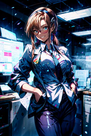 masterpiece,best quality,1girl,mature female,makinami mari illustrious,hairband,medium breasts,wide hips,narrow waist,(business suit),open jacket,necktie,grin,standing,hands in pockets,indoors,office,science fiction,cowboy shot,