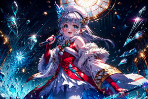 masterpiece,best quality,highres,cinematic lighting,dramatic angle,1girl,silver hair,hime cut,blue eyes,pointy ears,hair ornament,white and red dress,fur trim,thick coat,bare shoulders,elbow fingerless gloves,white pantyhose,layered dress,,happy,:d,looking at viewer,cowboy shot,LilyChristmas,holding ice as baton,concert,floating icele magical notes,headwear