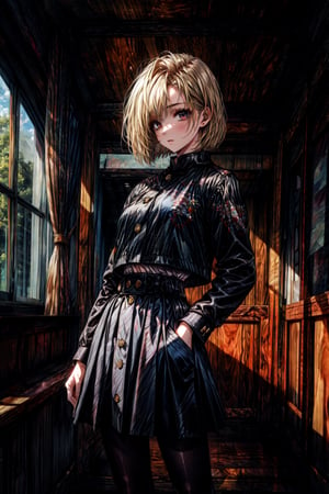 masterpiece, best quality, highres, aanobara, short hair, (black jacket:1.2), buttons, long sleeves, black skirt, high-waist skirt, black pantyhose, , indoors, hand in pocket,