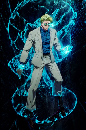 masterpiece,highres,high quality,extremely detailed,solo, , goggles,tinted eyewear, KentoNanami,1man, serious,jacket,formal,suit,collared shirt,blue shirt, full body,fighting_stance,(aura:1.5),aura_power,Ki Charge,CLOUD