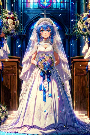 masterpiece, best quality, 1girl, roxy-migurdia, shiny, hair shiny, (wedding dress:1.5), (bouquet:1.5), (church:1.5), smile,