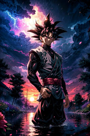 a handsome man, Goku Black,  spiked hair, pink hair, pink eyes, super saiyan, single earring, gentleman, luxurious clothing, black hair, short haircut, standing in the water, chaotic world, electric storms, flowers on the trees, sunset, masterpiece, intricate and elaborate details,