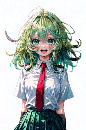 score_9,score_8_up,score_7_up ,hagakure tooru, 1girl, :d, collared shirt, gloves, green eyes, green hair, green skirt, looking at viewer, messy hair, multicolored hair, necktie, open mouth, pleated skirt, red necktie, school uniform, shirt, simple background, skirt, smile, solo, standing, two-tone hair, u.a. school uniform, unusually visible, white background, white shirt