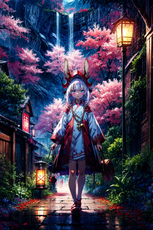 anime artwork (by kame 3:0.6), (by kemokin mania:0.4), outdoor, mystic wood, night, glowing, holding lantern BREAK nanachi, narehate, white hair, horned helmet, headdress, bottomless,   dwarf . anime style, key visual, vibrant, studio anime, highly detailed