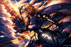 masterpiece, best quality,1girl,,solo, long hair, blonde hair, jeanne d'arc (fate), armor, blue eyes, weapon, sword, armored dress, gauntlets, headpiece, jeanne d'arc (third ascension) (fate),(kbxll:1), , front view,CLOUD