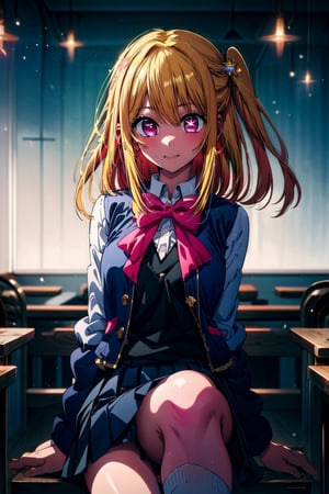 rubyhoshino, , ruby hoshino, (yellow hair:1.5), long hair, one side up, (pink eyes:1.5), sidelocks, (star-shaped pupils:1.5), (symbol-shaped pupils:1.5), (mismatched pupils:1.5),BREAK black vest, blue jacket, bow, bowtie, collared shirt, cropped jacket, jacket, kneehighs, long sleeves, pink bow, pink bowtie, pleated skirt, school uniform, shirt, skirt, socks, vest, white shirt, white socks, youtou high school uniform,BREAK looking at viewer,BREAK indoors, classroom,BREAK , (masterpiece:1.2), best quality, high resolution, unity 8k wallpaper, (illustration:0.8), (beautiful detailed eyes:1.6), extremely detailed face, perfect lighting, extremely detailed CG, (perfect hands, perfect anatomy),