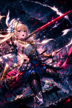 masterpiece,best quality,highres,cinematic lighting,dramatic angle,1girl, ,blonde hair,blue eyes,hair ornaments,hair ornament,hair flower,hairband,looking at viewer,dynatic angle,dual wielding,sword,costume6,sei shoujo,white armor,shoulder armor,bare shoulders,gold trimmed,black pantyhose,boots,red ribbon,thick thighs,portrait,glowing,very long hair,serious,open mouth,chestplate,Virtuous Guardian,breasts,gauntlets,spear