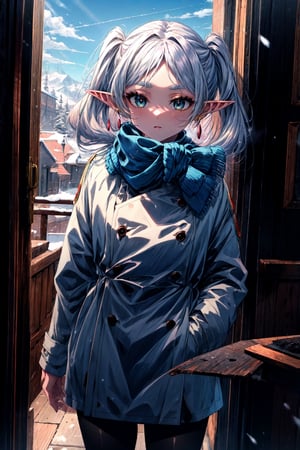 masterpiece, best quality, highres, aafrie, long hair, white hair, twintails, pointy ears, earrings, thick eyebrows, blue scarf, white coat, double-breasted, buttons, black pantyhose, , standing, cowboy shot, winter