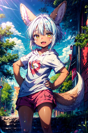 1girl, solo, furry, fluffy, brown fur, short hair, nanachi \(made in abyss\), animal ears, tail, yellow eyes, hoodie, shorts, t-shirt, hand on hip, :3, open mouth, standing, looking at viewer, outdoors, city 