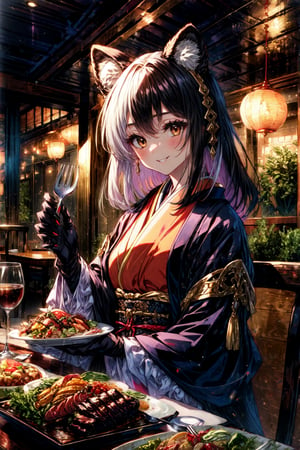 masterpiece,best quality,highres,cinematic lighting,dramatic angle,1girl, ,1girl,animal ears,japanese clothes,black open jacket,obi,smile,eating,(:3:0.68),looking at viewer,brown eyes,bamboos,dynatic pose,cowboy shot,sitting across table,gold-trimmed,magic,multicolored hair,(black hair:white hair:0.86),frills,claws,black elbow gloves,(open mouth:0.43),magic,feast,foods on table,restaurant